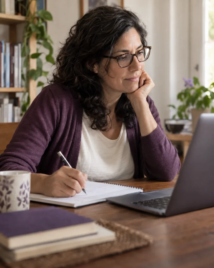 Escena ilustrativa de una persona adulta tomando notas durante una formación online.